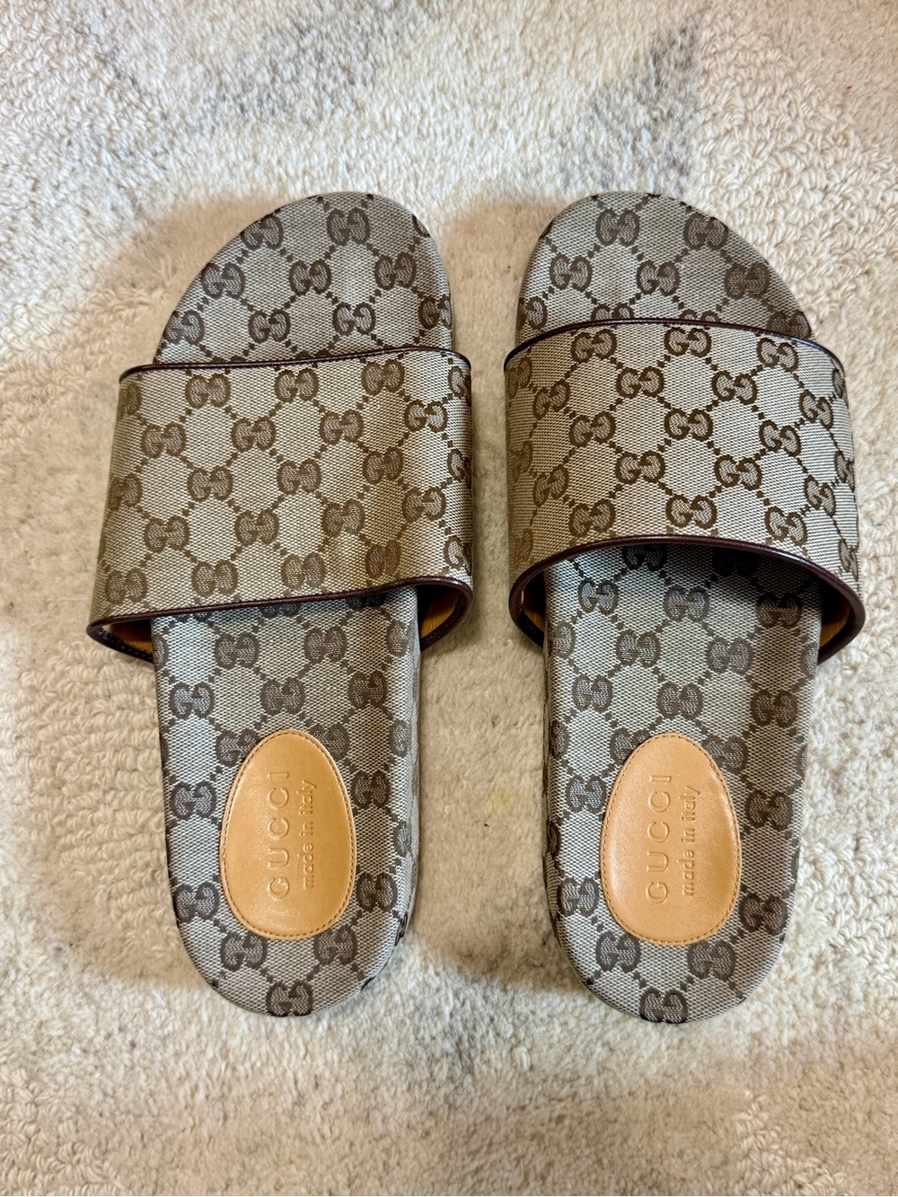 Gucci Brown Beige GG Canvas Slide Sandals with Leather Footbed Patch
